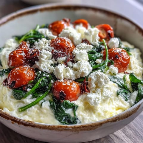 Vibrant spinach and feta breakfast bowl with creamy scrambled eggs, juicy tomatoes, and a side of toasted whole grain bread for dipping.