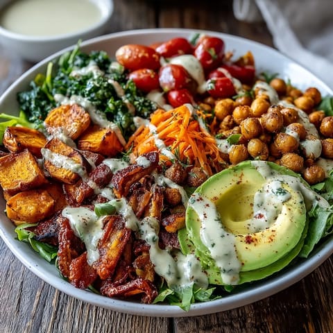 Fork-tender roasted sweet potatoes and crispy chickpeas top fresh greens in a vibrant Breakfast Buddha Bowl.