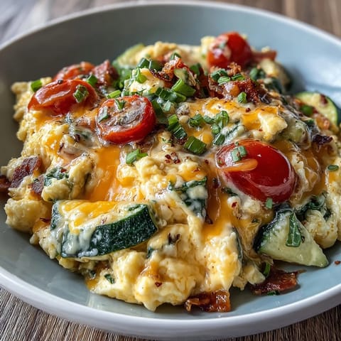 Steam rises from a warm Scrambled Egg and Veggie Bowl topped with melted cheese.