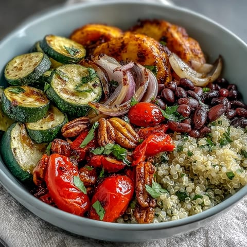 Hearty Veggie and Quinoa Power Bowl featuring black beans, roasted vegetables, and a drizzle of zesty lemon vinaigrette.