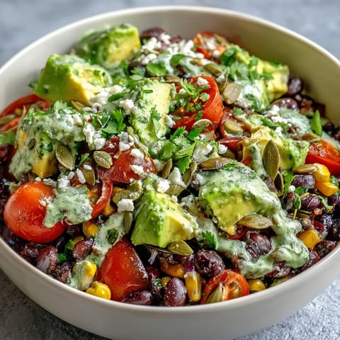 A fresh Black Bean and Veggie Bowl topped with diced avocado and cilantro on a plate.