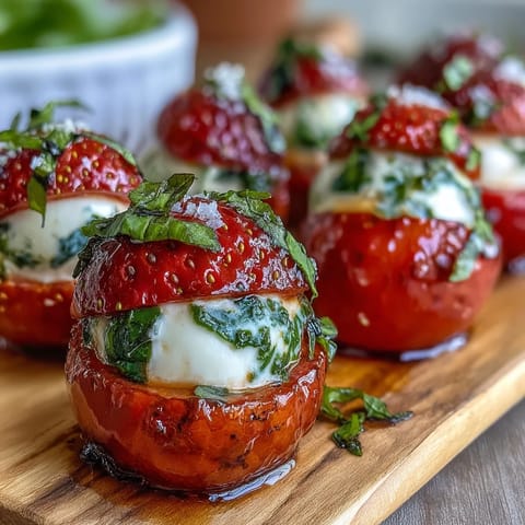 Fresh strawberry caprese skewers with creamy mozzarella and basil, drizzled with balsamic glaze for a colorful appetizer.