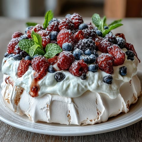 Mothers Day Pavlova with Mixed Berries: Crisp meringue topped with fluffy whipped cream and vibrant fresh berries, a festive dessert for special occasions.