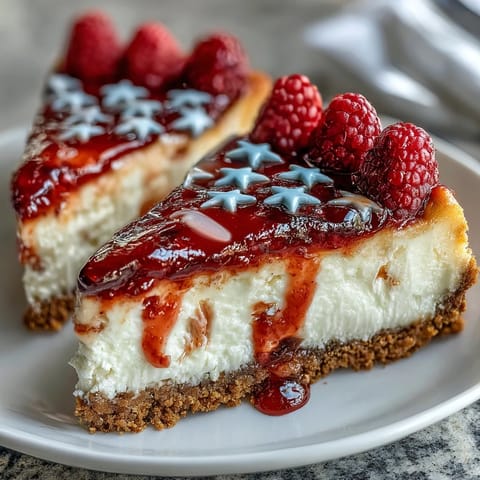 Festive Fourth of July No-Bake Cheesecake Flag Cake with fresh blueberries and strawberries arranged in patriotic stripes.