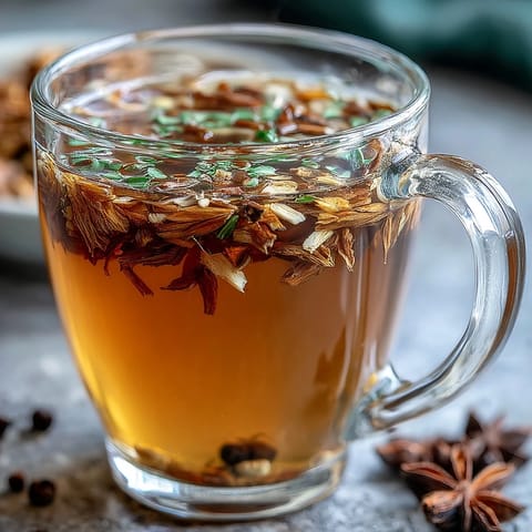 A steaming cup of dandelion root tea with ginger and turmeric, glowing with warm spices and a hint of honey.