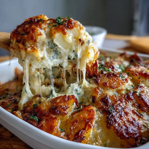 Easy Cheesy Scalloped Potatoes: golden-baked layers of tender potatoes in a creamy cheddar and mozzarella sauce, topped with bubbling cheese.