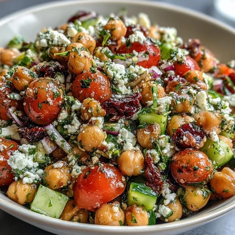 Cold Chickpea Salad with Lemon Herbs - a vibrant bowl of protein-packed chickpeas tossed with fresh cucumbers, cherry tomatoes, and zesty lemon dressing.