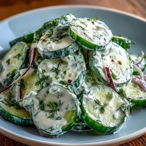 Refreshing dill cucumber salad with red onions and creamy dressing, a light side for barbecues and potlucks.