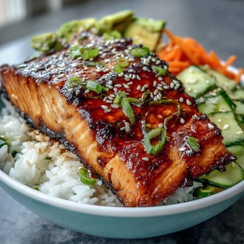 15-Minute Teriyaki Salmon Bowl with glazed salmon, jasmine rice, and fresh vegetables in a savory-sweet teriyaki sauce.