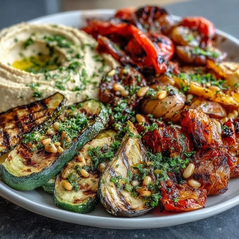 Vibrant Grilled Veggie Platter with Hummus - smoky, charred vegetables served alongside rich, smooth hummus, perfect for summer barbecues and picnics.