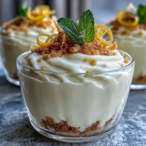 Bright lemon mousse served in elegant cups with crisp shortbread cookies and fresh berries.  