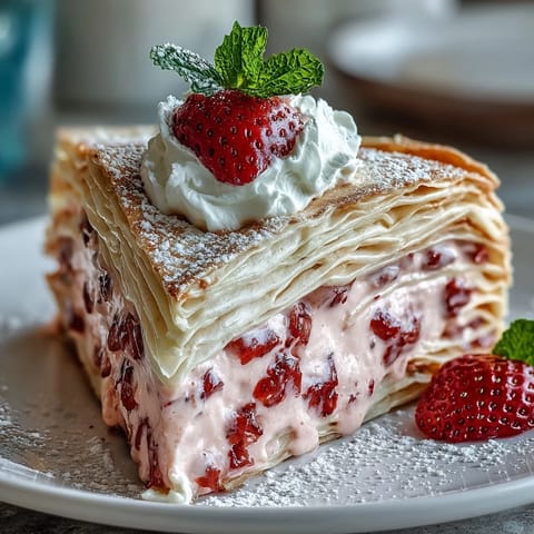 Elegant Mother's Day crêpe cake with layers of delicate crêpes and strawberry mascarpone cream, garnished with fresh berries and mint.
