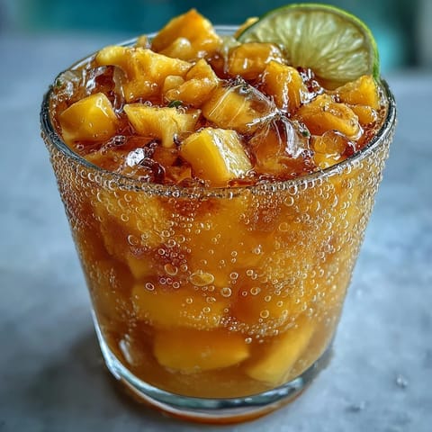 Vibrant tropical punch with mango, pineapple, and sparkling lemonade in a large bowl, garnished with fresh fruit slices.