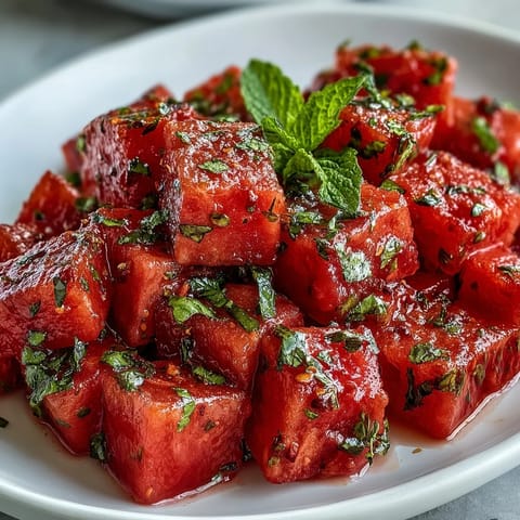 Vibrant Fricy Watermelon Chili Lime Salad with Mint, a cool summer dish.