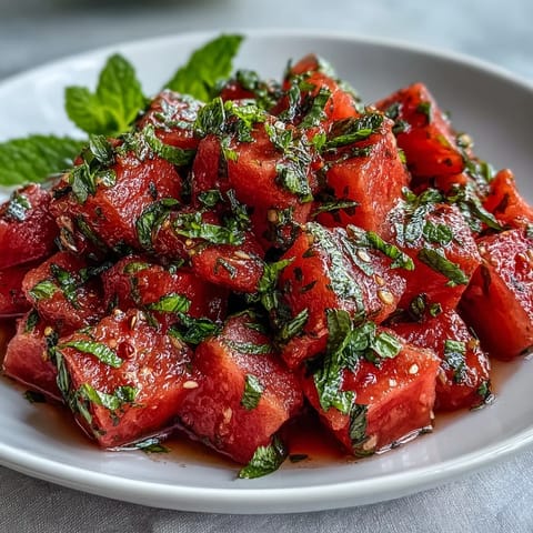 Juicy watermelon chili lime salad with refreshing mint, perfect for a hot day.