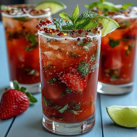 Refreshing strawberry chili limeade mocktail, ice-cold and perfect for a summer afternoon.