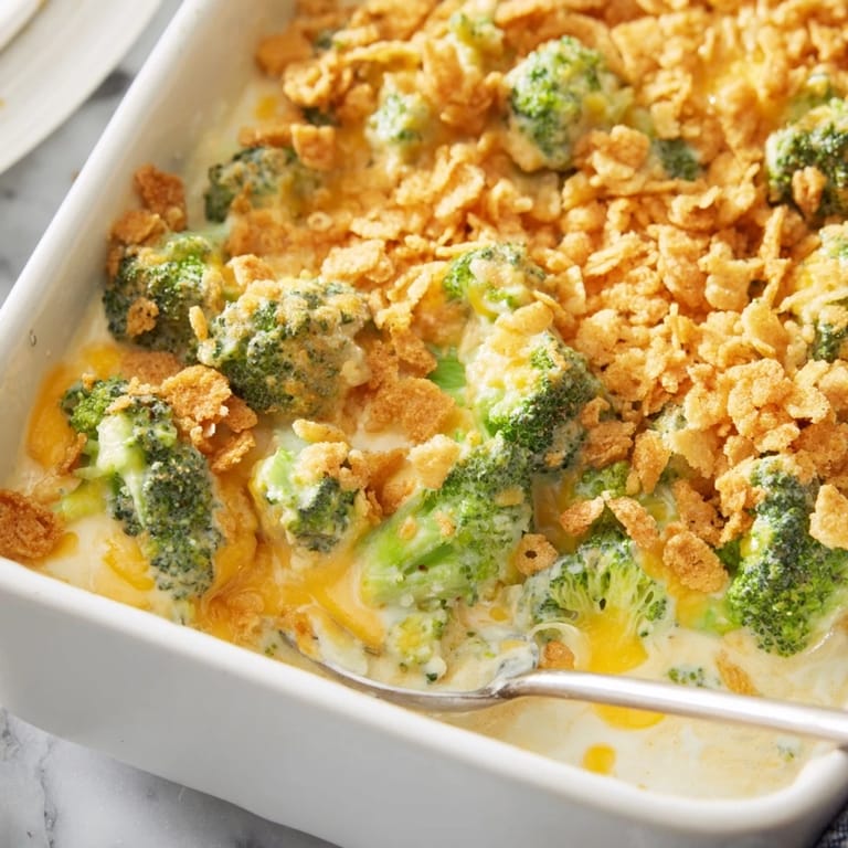Freshly baked Broccoli Casserole with a crunchy topping, ready to be served alongside a holiday ham.