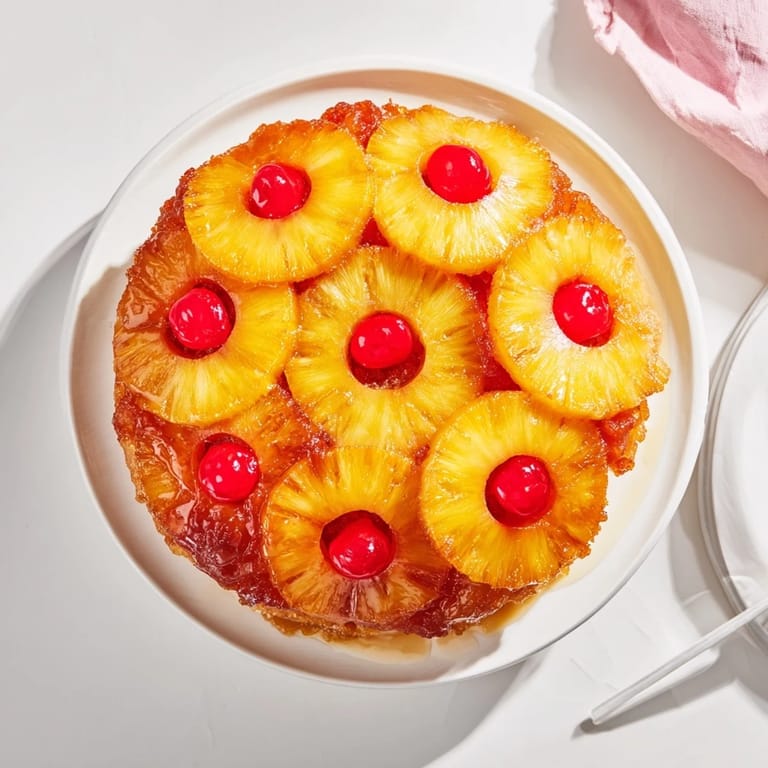 Slices of moist Pineapple Upside-Down Cake are served on a plate with a dollop of whipped cream.