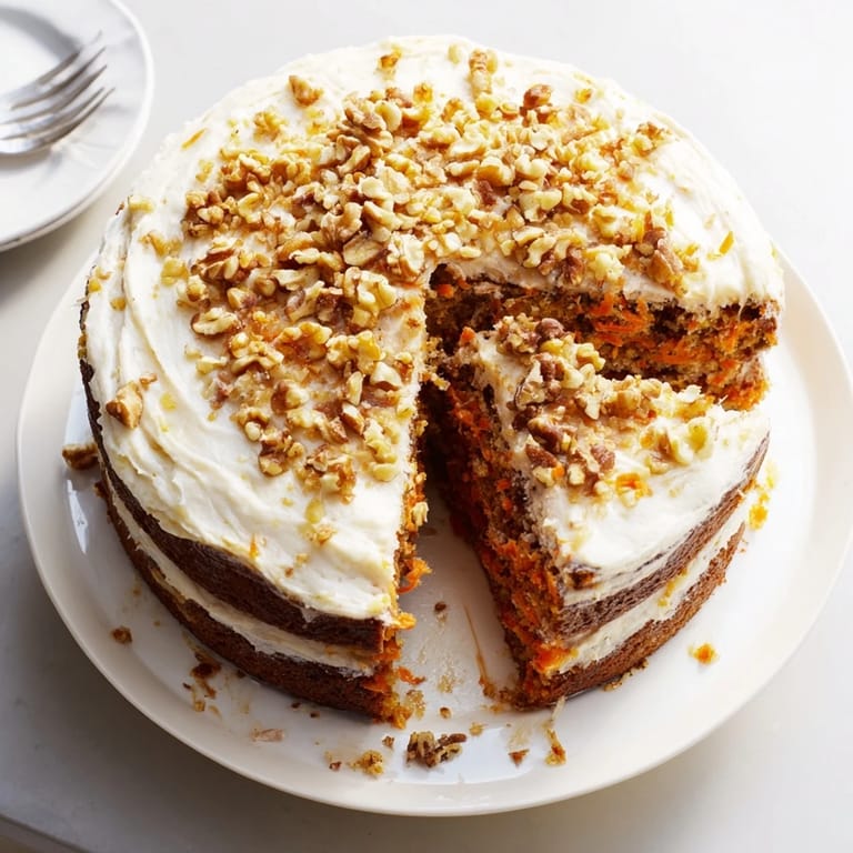 Two-layer carrot cake with cream cheese frosting and chopped nuts, freshly sliced to reveal a moist interior with pineapple and carrots.