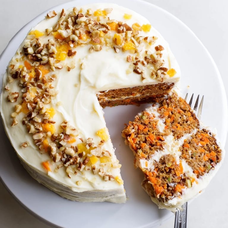 Moist carrot cake layered with cream cheese frosting and toasted pecans, served on a cake stand for a celebration.