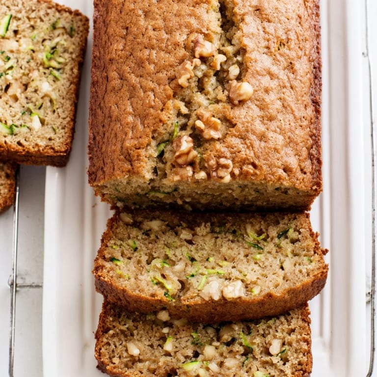Moist Zucchini Bread slice showing shredded zucchini and walnuts, served on a plate with a dollop of cream cheese.
