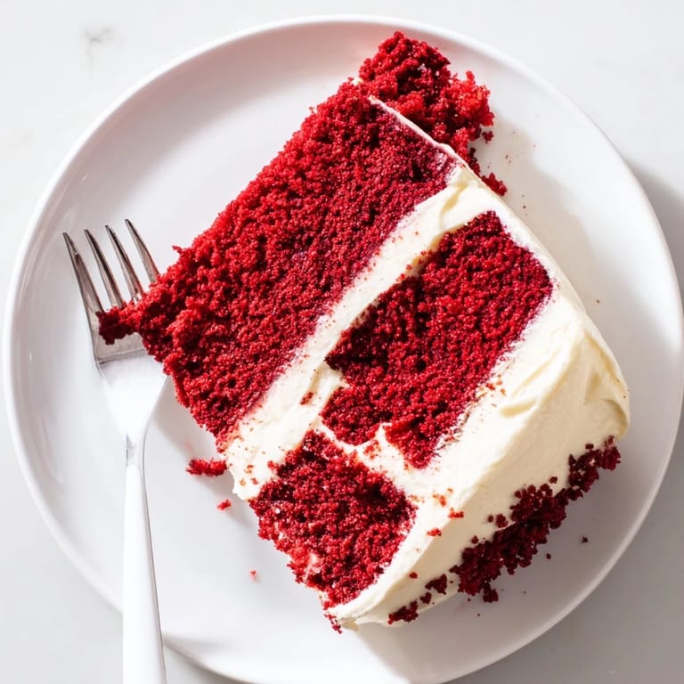 Two layers of homemade Red Velvet Cake on a wire cooling rack, sides crumbed for a rustic look.