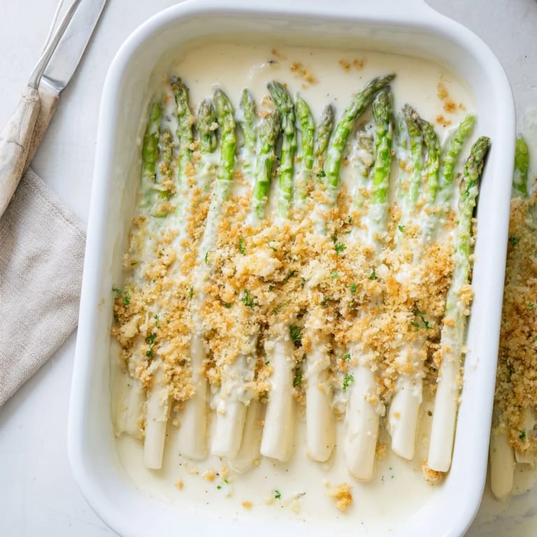 Golden, bubbly cheese and crisp breadcrumbs crown this homemade Asparagus Casserole, perfect for a springtime side dish or vegetarian main.