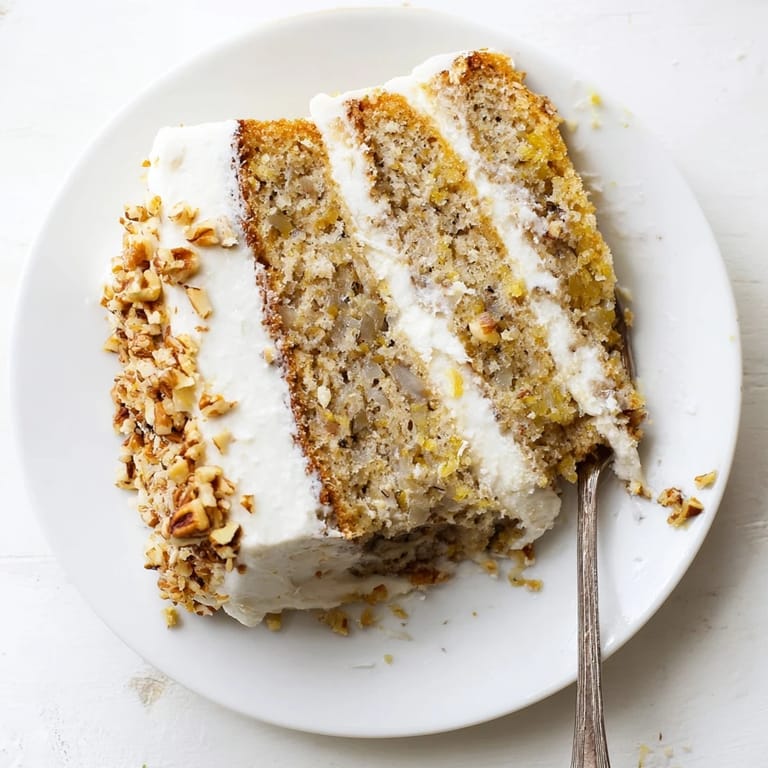 A freshly baked Hummingbird Cake shows moist crumb with pineapple and banana flecks, ready to slice.