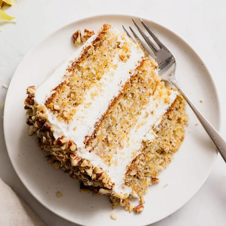 A generous slice of Hummingbird Cake is plated beside coffee, highlighting creamy frosting and crunchy pecan garnish.