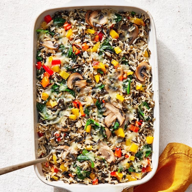 Wild Rice Casserole served warm in a baking dish, topped with melted Gruyère and herbs.