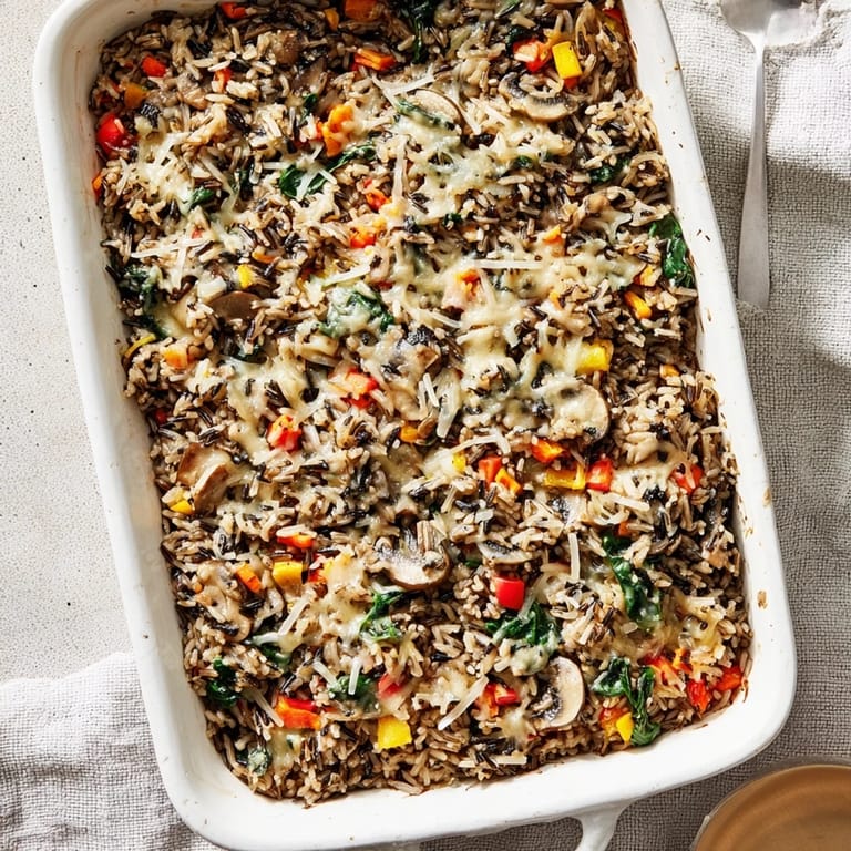Wild Rice Casserole plated with a fork, showcasing colorful vegetables and a hearty vegetarian texture.