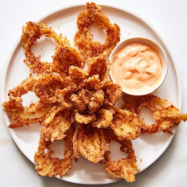 Crispy battered Onion Petals with Spicy Dipping Sauce, served hot alongside fresh celery sticks for a crunchy snack. 