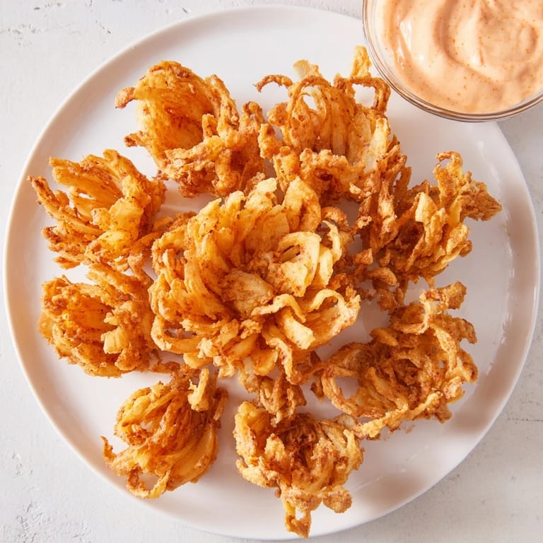 Overhead view of Onion Petals with Spicy Dipping Sauce on a white plate, garnished with fresh parsley for serving.