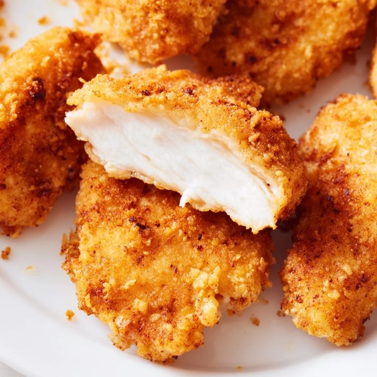 Golden-brown homemade Chicken Nuggets stacked high, ready to snack on with barbecue sauce and a sprinkle of fresh parsley.