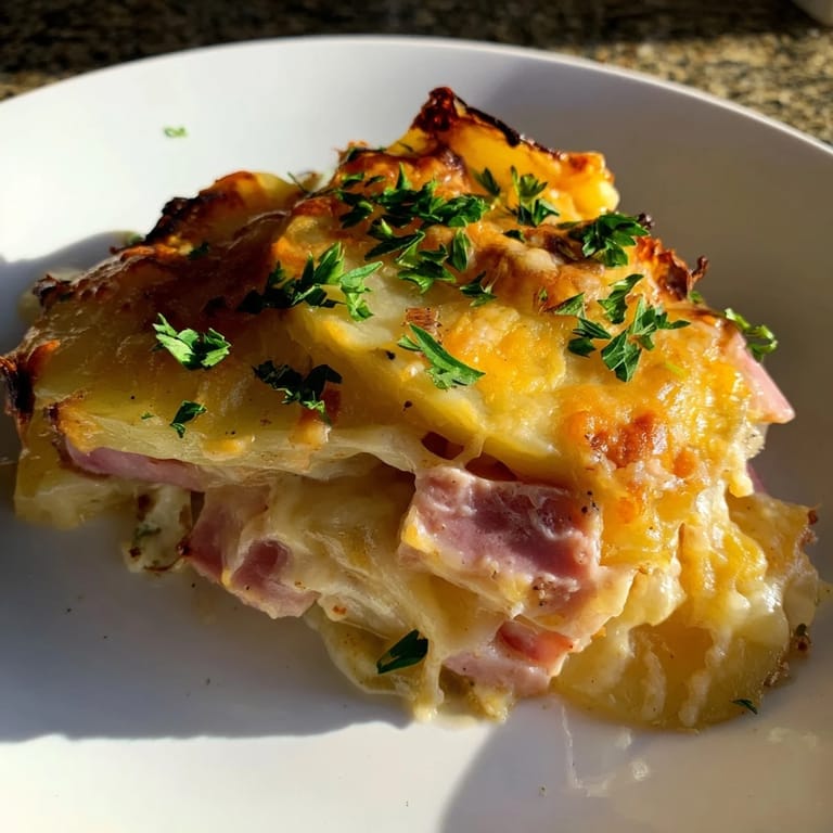 Freshly baked Scalloped Potatoes with Ham served hot in a white dish, garnished with parsley.