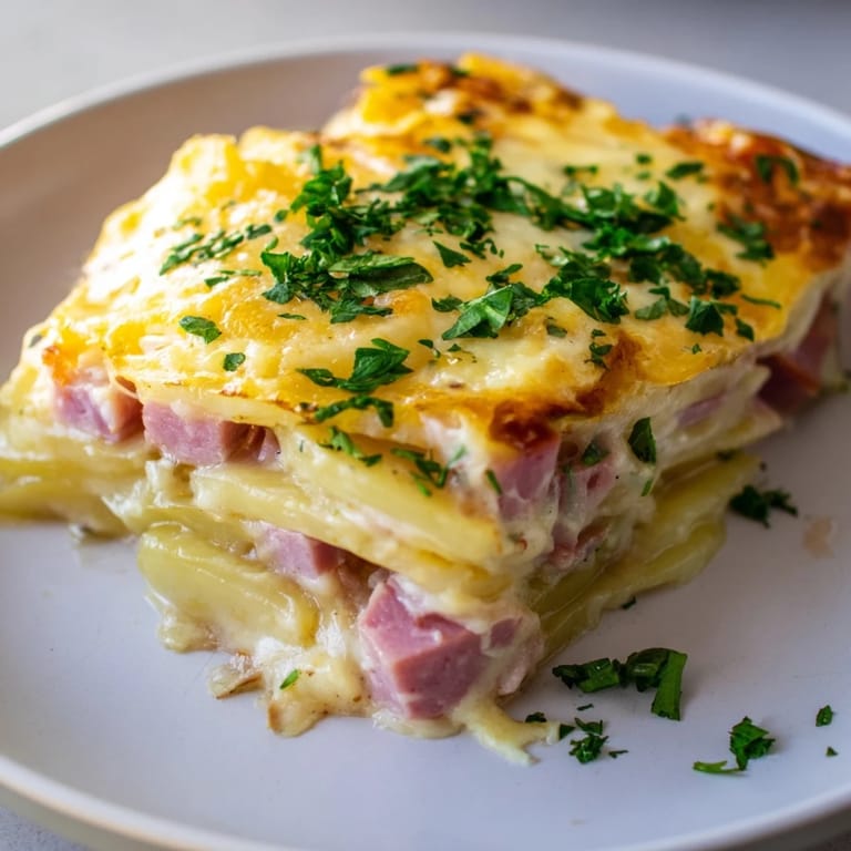 Layers of thinly sliced potatoes and diced ham covered in rich, golden cheese sauce for a family dinner.