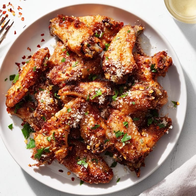 A close-up of Garlic Parmesan Wings piled high, ready to serve with a cold craft beer.