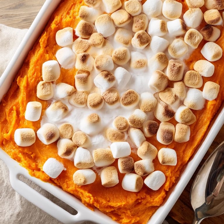Smooth, cinnamon-spiced sweet potato casserole with marshmallows puffed and golden on top.