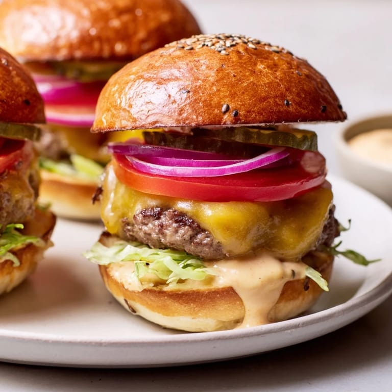 Close-up of a cheesy mini hamburger, showing a juicy patty, creamy sauce, and pickles inside.
