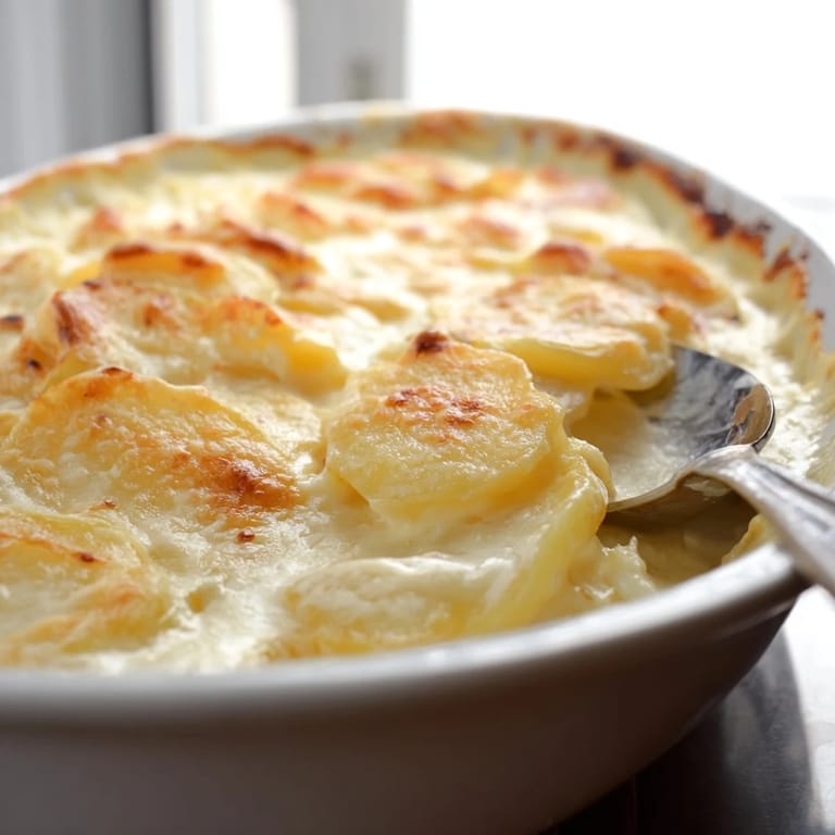 Layered sliced potatoes baked in garlic cream sauce topped with melted Gruyère cheese.