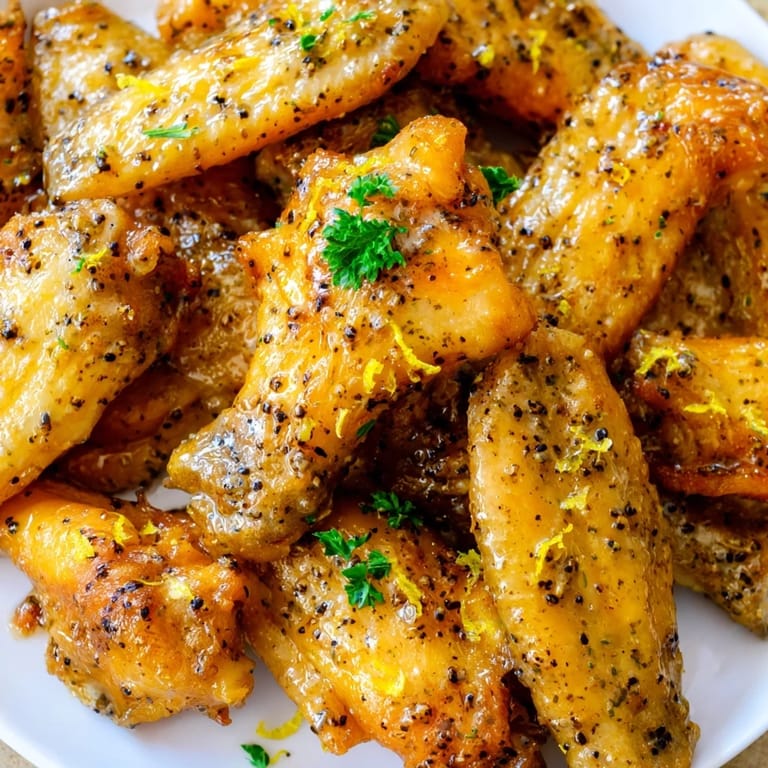 Hot Lemon Pepper Wings tossed in buttery lemon-pepper sauce, served alongside crisp celery sticks on a wooden table.