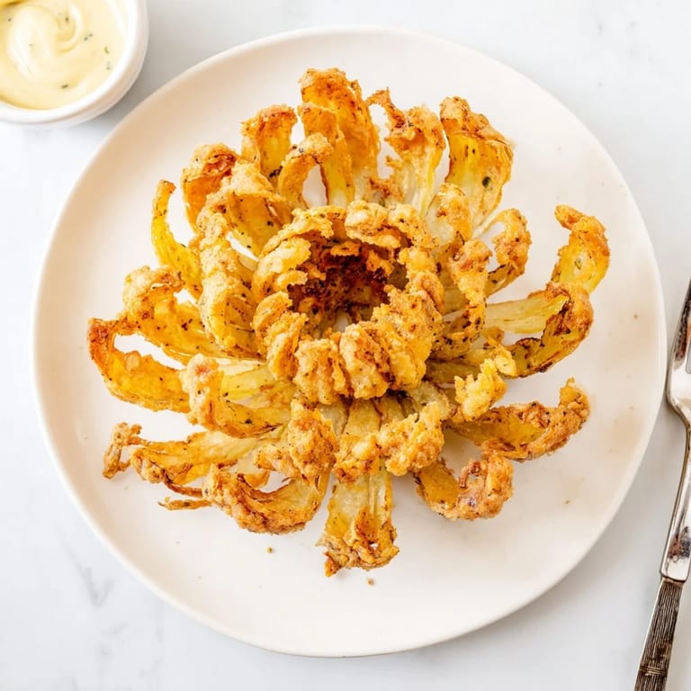 Homemade Blooming Onion with seasoned batter, golden fried, paired with zesty dipping sauce for dipping.