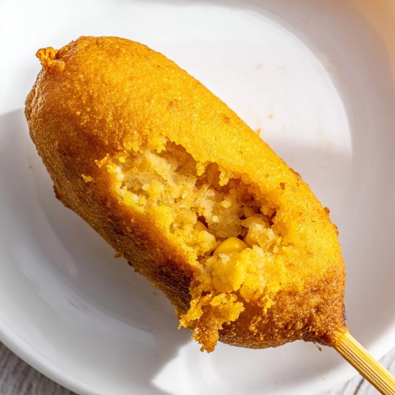 Homemade Corn Dogs stacked on a paper towel, steam rising from the crispy golden crust.