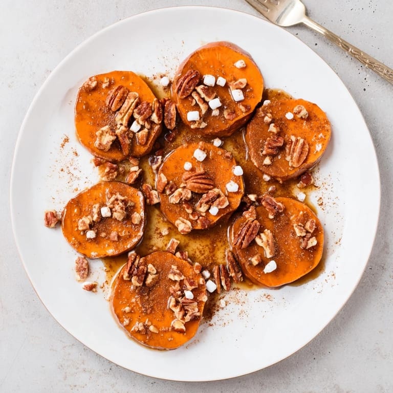 Freshly baked Candied Yams topped with toasty pecans, served alongside roasted turkey for a festive holiday meal.