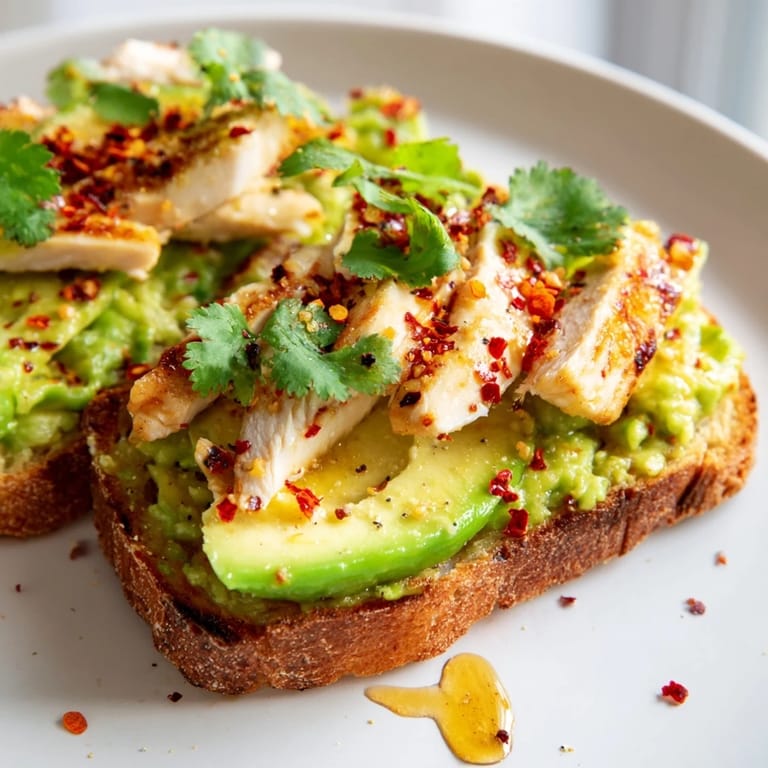 Serving suggestion for Smashed Avocado Chicken Toast: juicy chicken over lemon-avocado mash on crusty bread with chili flakes.