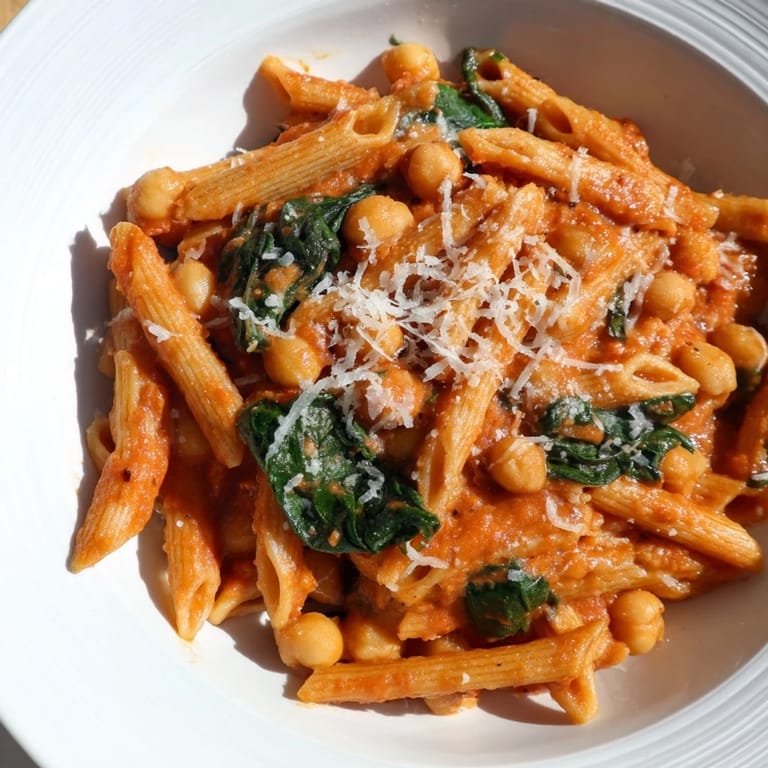 A close-up of Creamy Tuscan Chickpea Pasta, garnished with fresh basil and Parmesan, ready to serve for dinner.