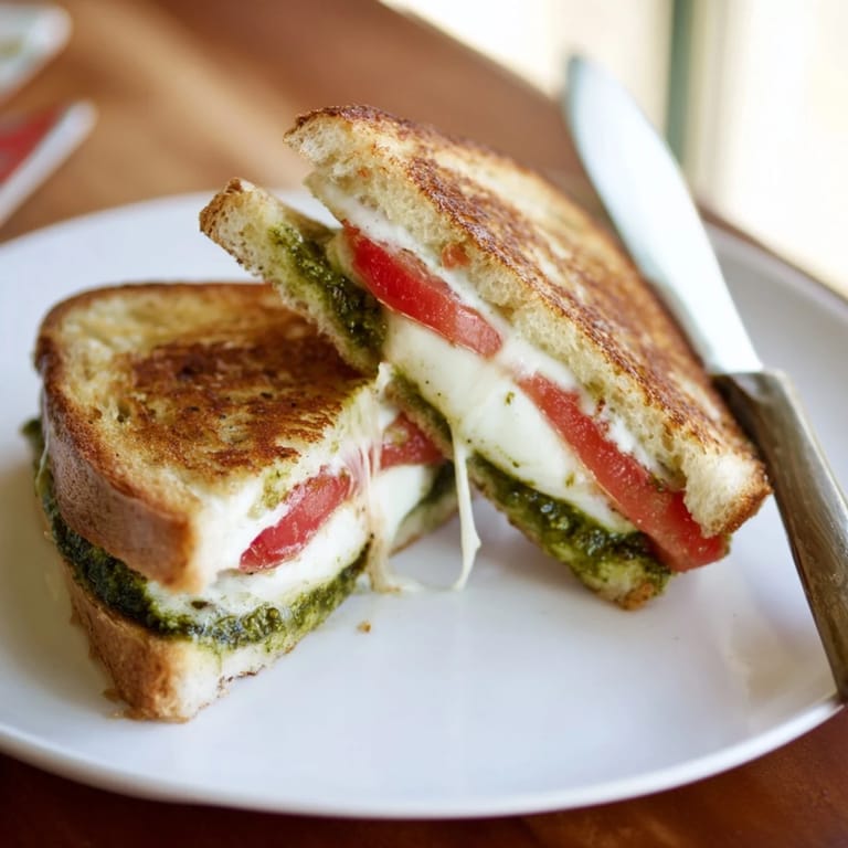 The Caprese Pesto Grilled Cheese sandwich is sliced in half to reveal layers of melted cheese and basil pesto.