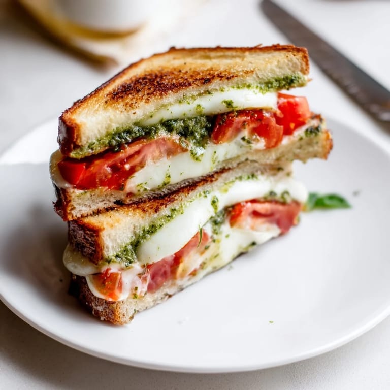 A rustic Caprese Pesto Grilled Cheese on sourdough is plated beside fresh basil leaves and a ripe tomato.