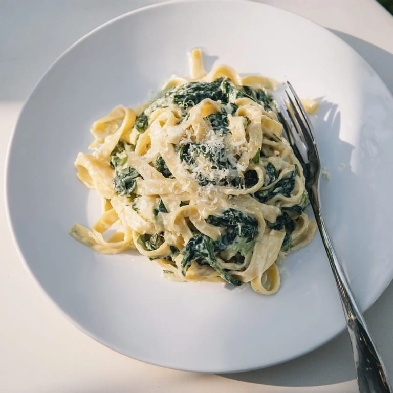 Close-up of vegetarian creamy garlic spinach pasta with Parmesan garnish, served warm for an easy weeknight dinner.