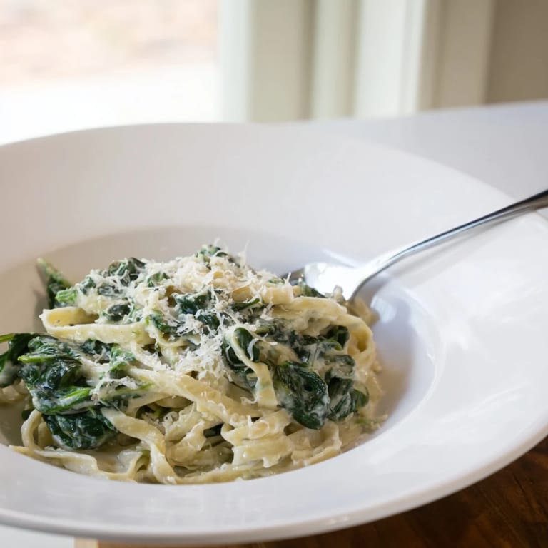 Fresh baby spinach wilted into rich garlic cream sauce, tossed with al dente fettuccine pasta for a comforting meal.  